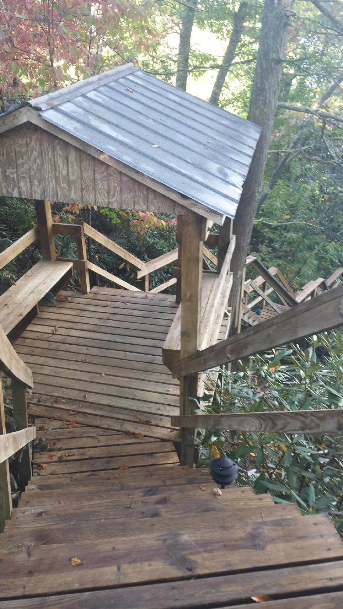 Metal roofed shelter over wooden steps on a wooded walkway — Skylight Repair & Installation work by our crew in Arion